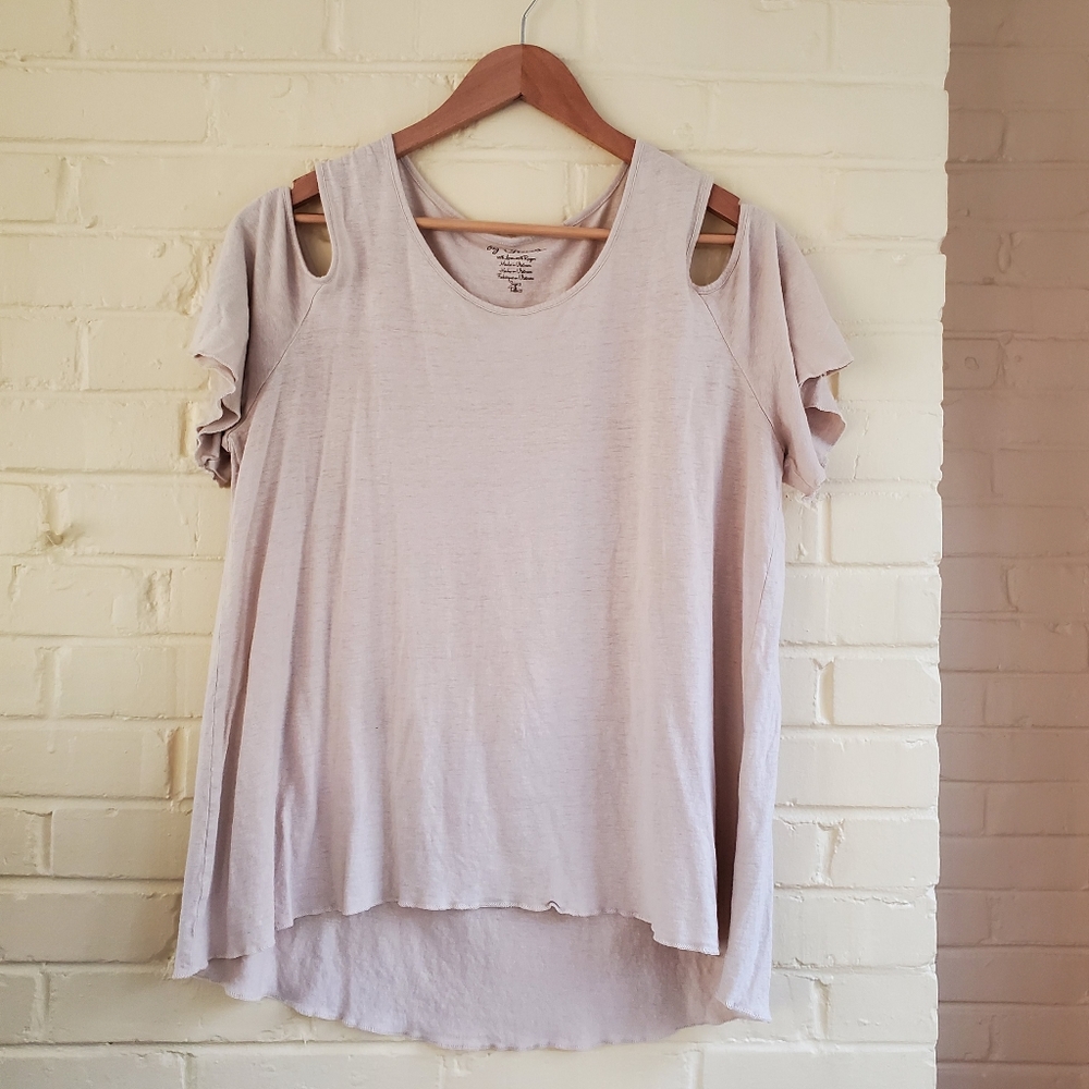Chico's Linen Rayon Beige Top Size 2 Open Shoulder Short Sleeve